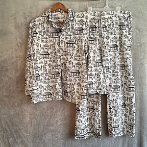 Cat Cafe Print Pajama Set by Mahogany Women's Large Button Up Pants Cozy Pets PJ